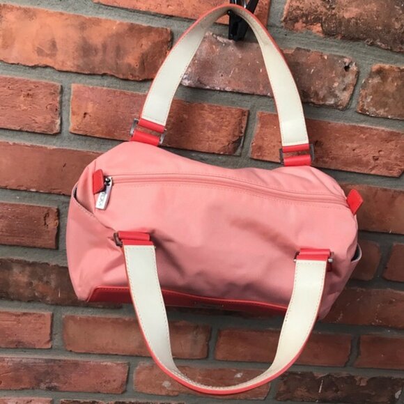 TUMI Nylon Satchel Leather Handles Purse Shoulder Bag Zip Pocket Pink Red Small - Picture 5 of 16